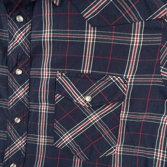 VTG Wrangler Short Sleeve Men Pearl Snap Up Shirt Adult Western Plaid Blue Red L - Picture 11 of 13